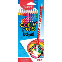 Kredki tr�jk�tne �cieralne z gumk� 12 kolor�w OOPS 832812 COLORPEPS MAPED