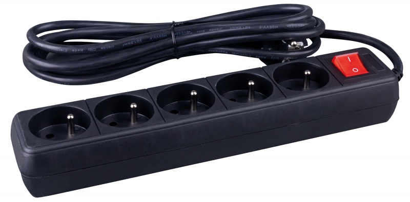 Przedłużacz OFFICE PRODUCTS, 5 gniazd, 5m, z uziemieniem i wyłącznikiem, czarny